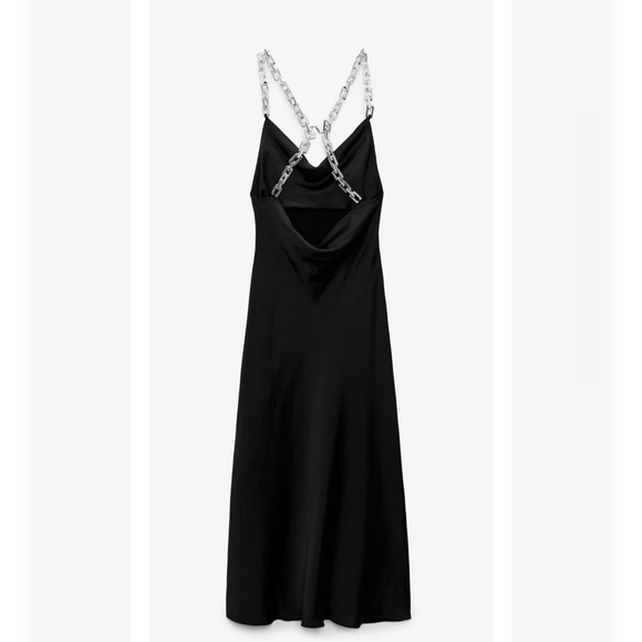 Zara * Chain Strap Satin Effect Slip Midi Dress Black - Picture 10 of 16